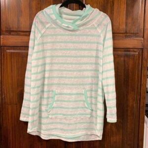 Earth Yoga green & white striped oversized lightweight hooded shirt, size large